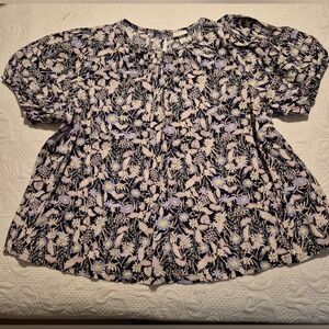 AVA & VIV women's 2X purple & yellow on black floral short sleeve blouse EUC